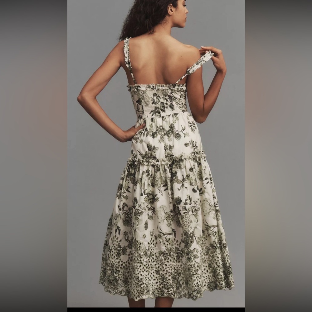 Anthropologie White and Green Floral Midi Dress Size Small - Picture 3 of 9